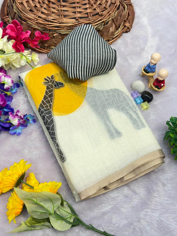 Linen Cotton Saree with Gold Jari Border