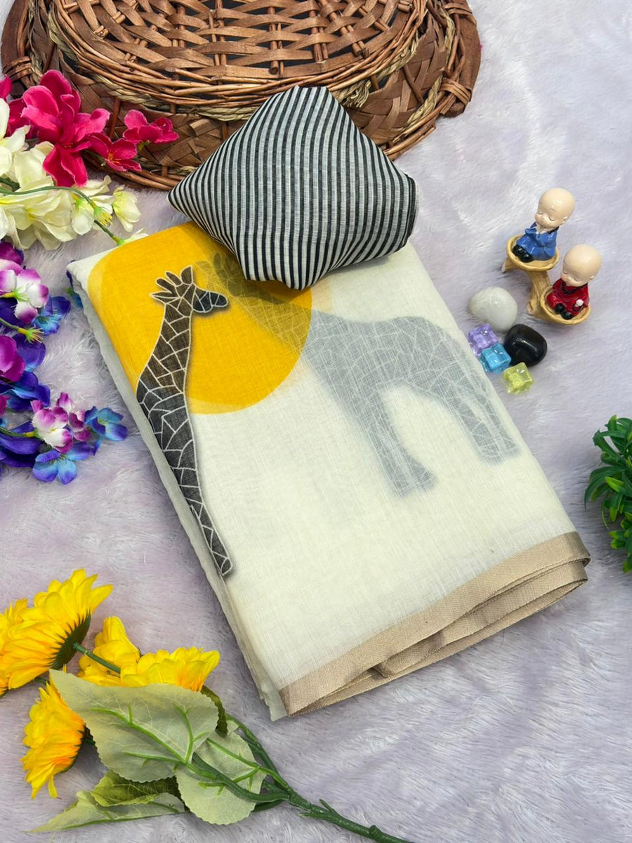 Linen Cotton Saree with Gold Jari Border
