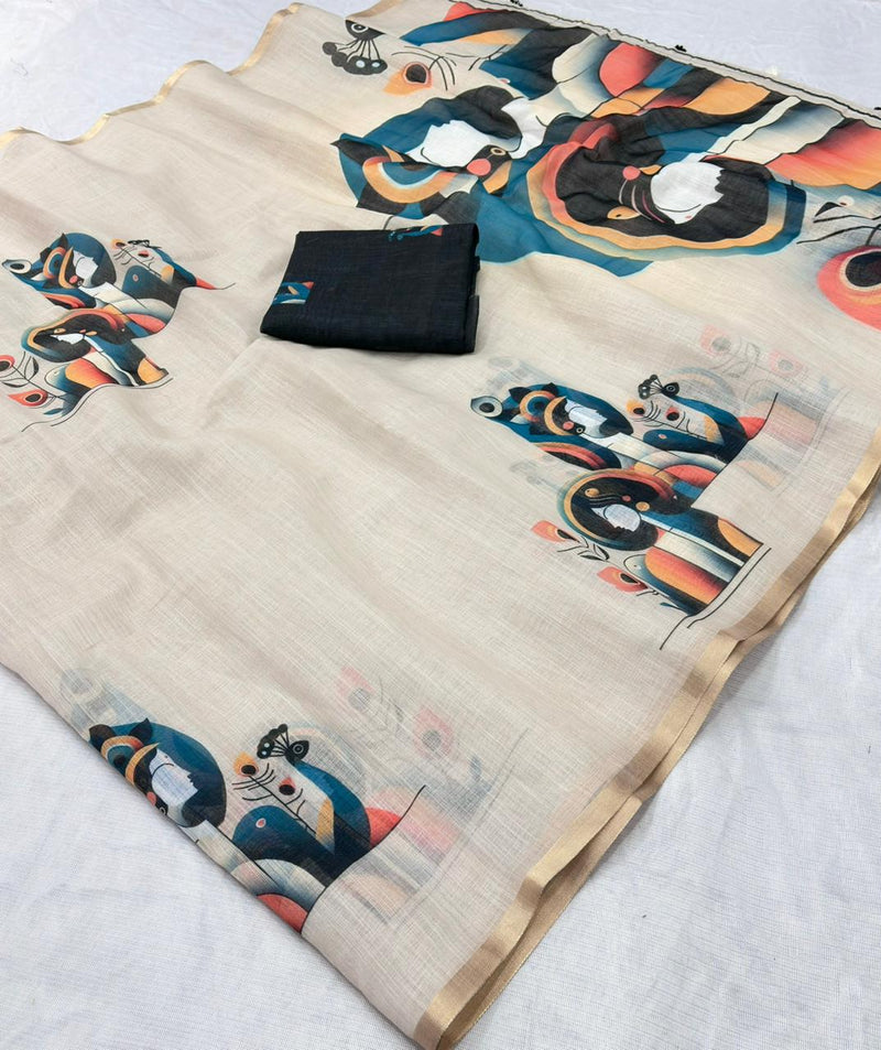 Linen Cotton Saree with Gold Jari Border