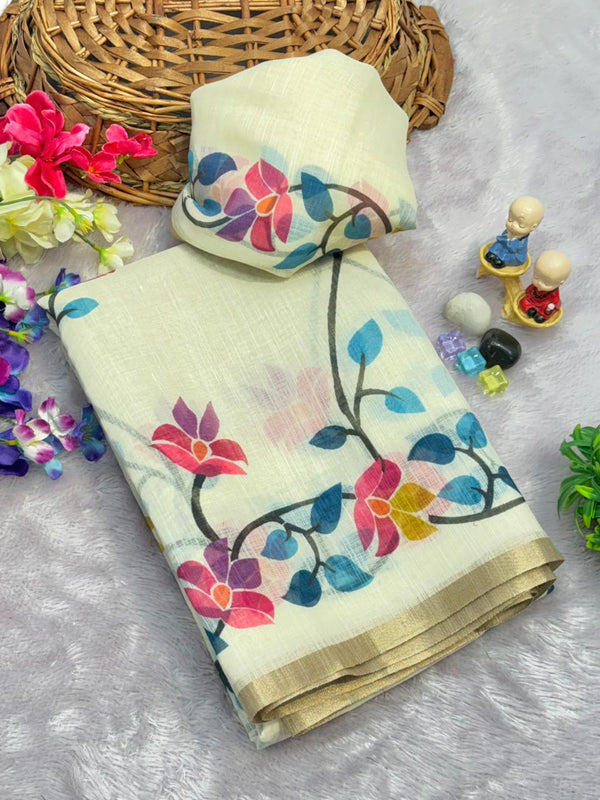 Gold Jari Linen Cotton Ethnic Saree