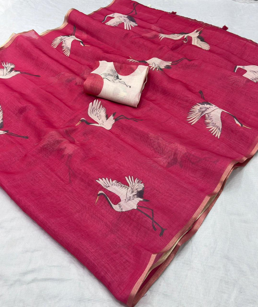 Linen Cotton Saree with Gold Jari Border