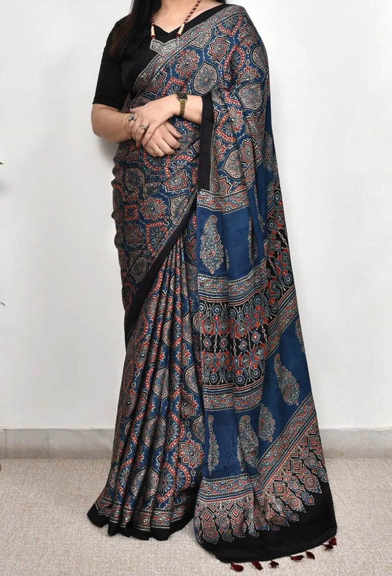 Blue Ajrakh Modal Silk Saree