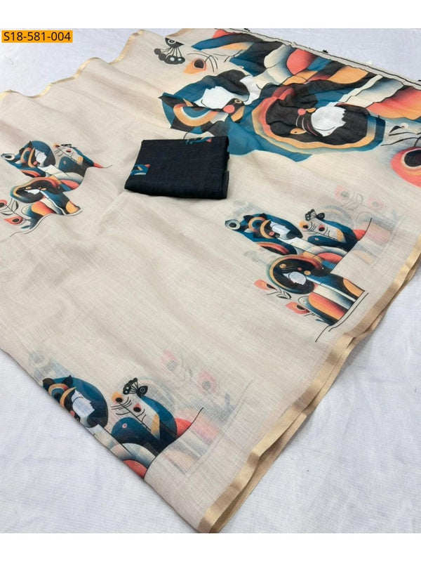 Linen Cotton Saree with Gold Jari Border