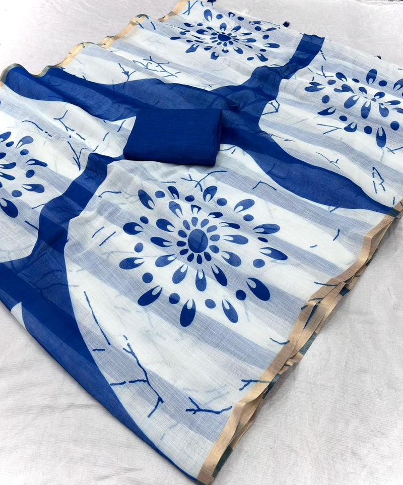 Linen Cotton Saree with Gold Jari Border