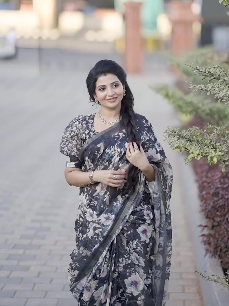 Gold Jari Linen Cotton Ethnic Saree