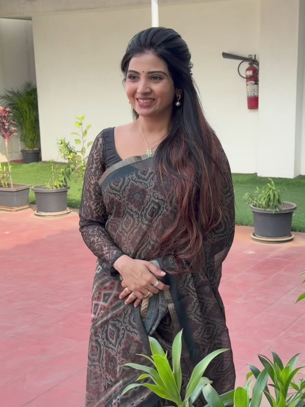 Linen Cotton Saree with Gold Jari Border