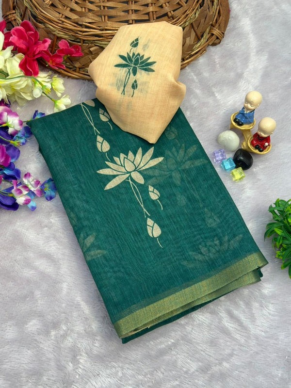 Linen Cotton Gold Jari Border Saree