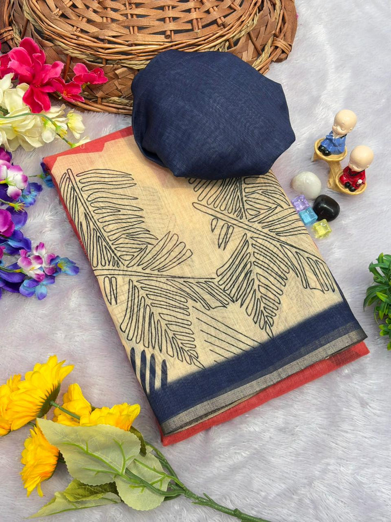 Linen Cotton Saree with Gold Jari Border