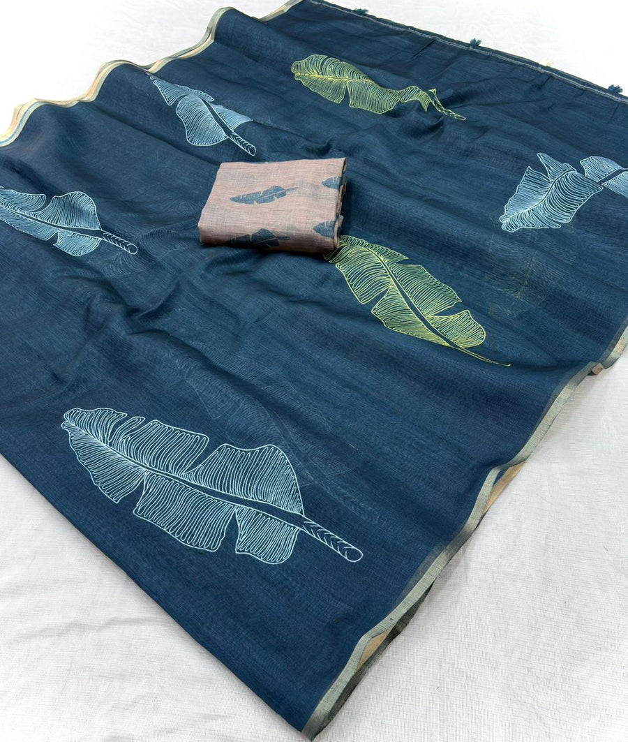 Linen Cotton Saree with Gold Jari Border