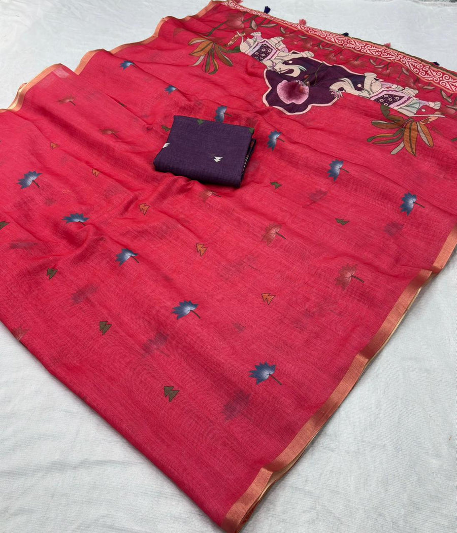 Linen Cotton Gold Jari Border Saree