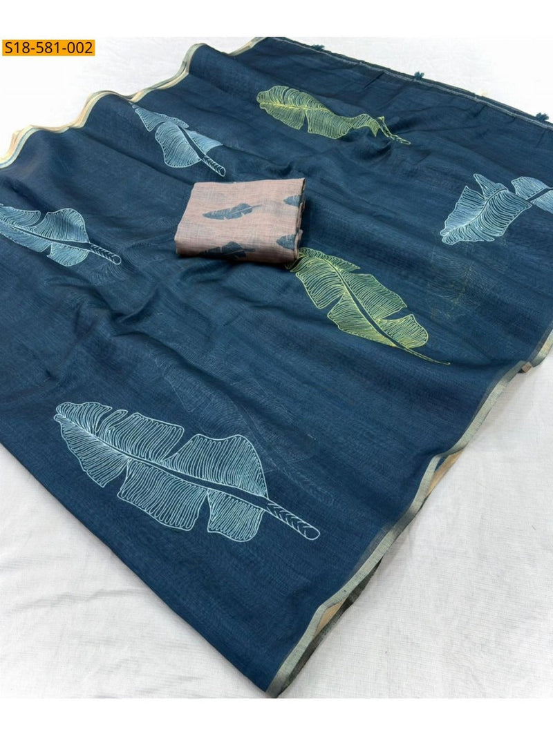 Linen Cotton Saree with Gold Jari Border