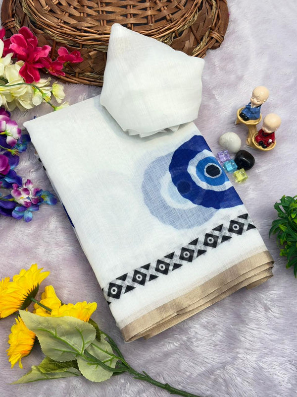 Linen Cotton Gold Jari Border Saree