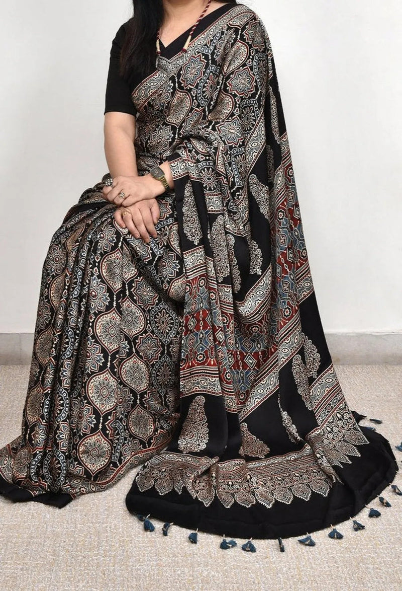Black Ajrakh Modal Silk Saree - alternate view