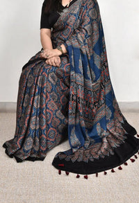 Blue Ajrakh Modal Silk Saree - alternate view