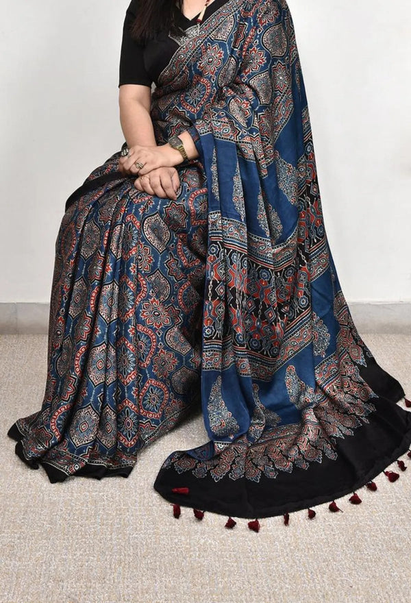 Blue Ajrakh Modal Silk Saree - alternate view