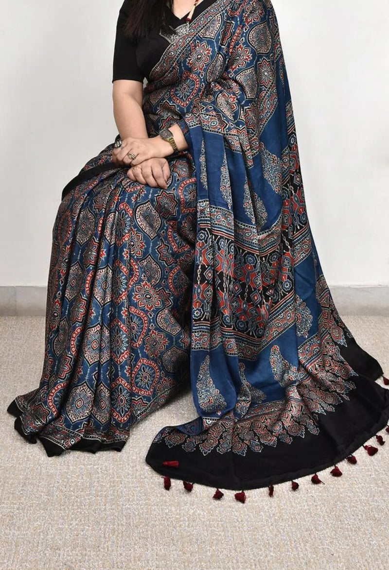Blue Ajrakh Modal Silk Saree - alternate view