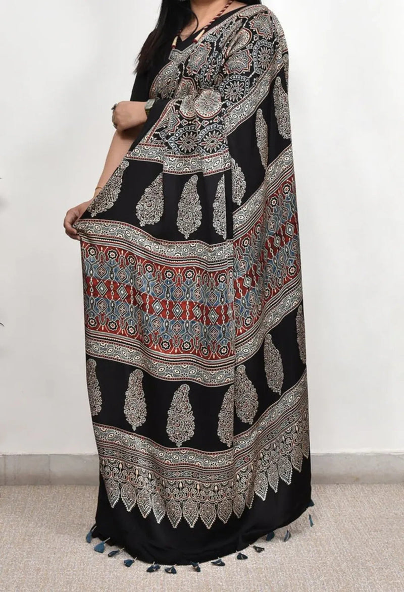 Black Ajrakh Modal Silk Saree - alternate view