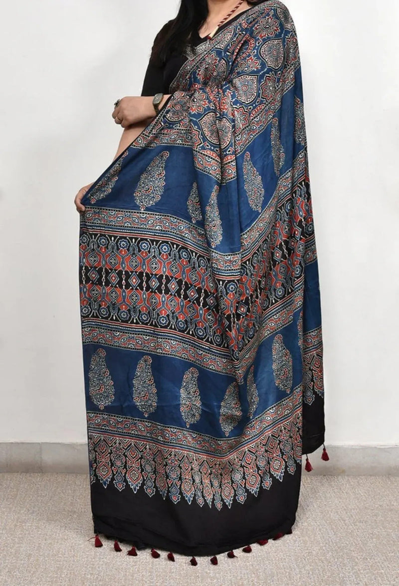 Blue Ajrakh Modal Silk Saree - alternate view